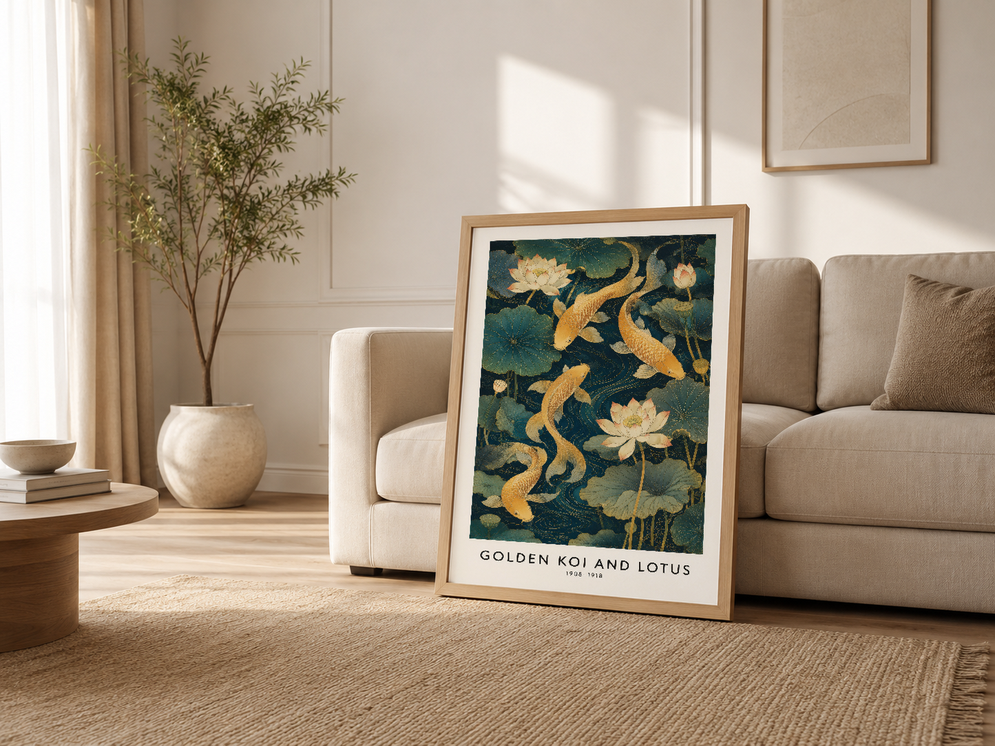 Açık ve aydınlık oturma odasında ahşap çerçeveli poster, nötr dekorasyonun arasında doğa temalı sanat parçası olarak yer