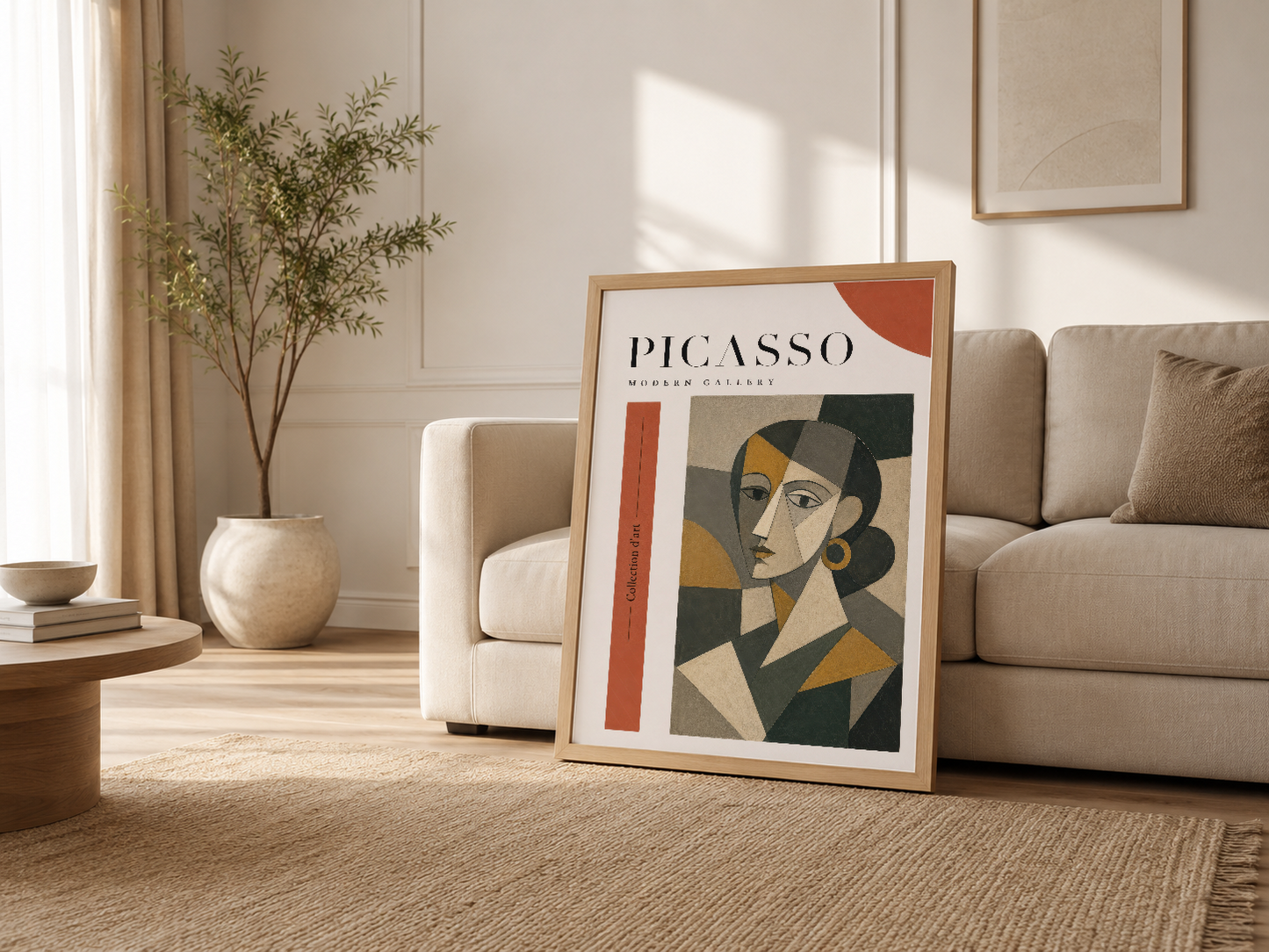 Oturma odasında, kanepenin yanında Picasso Modern Gallery duvar tablosu, modern iç tasarım, sanat koleksiyonu.