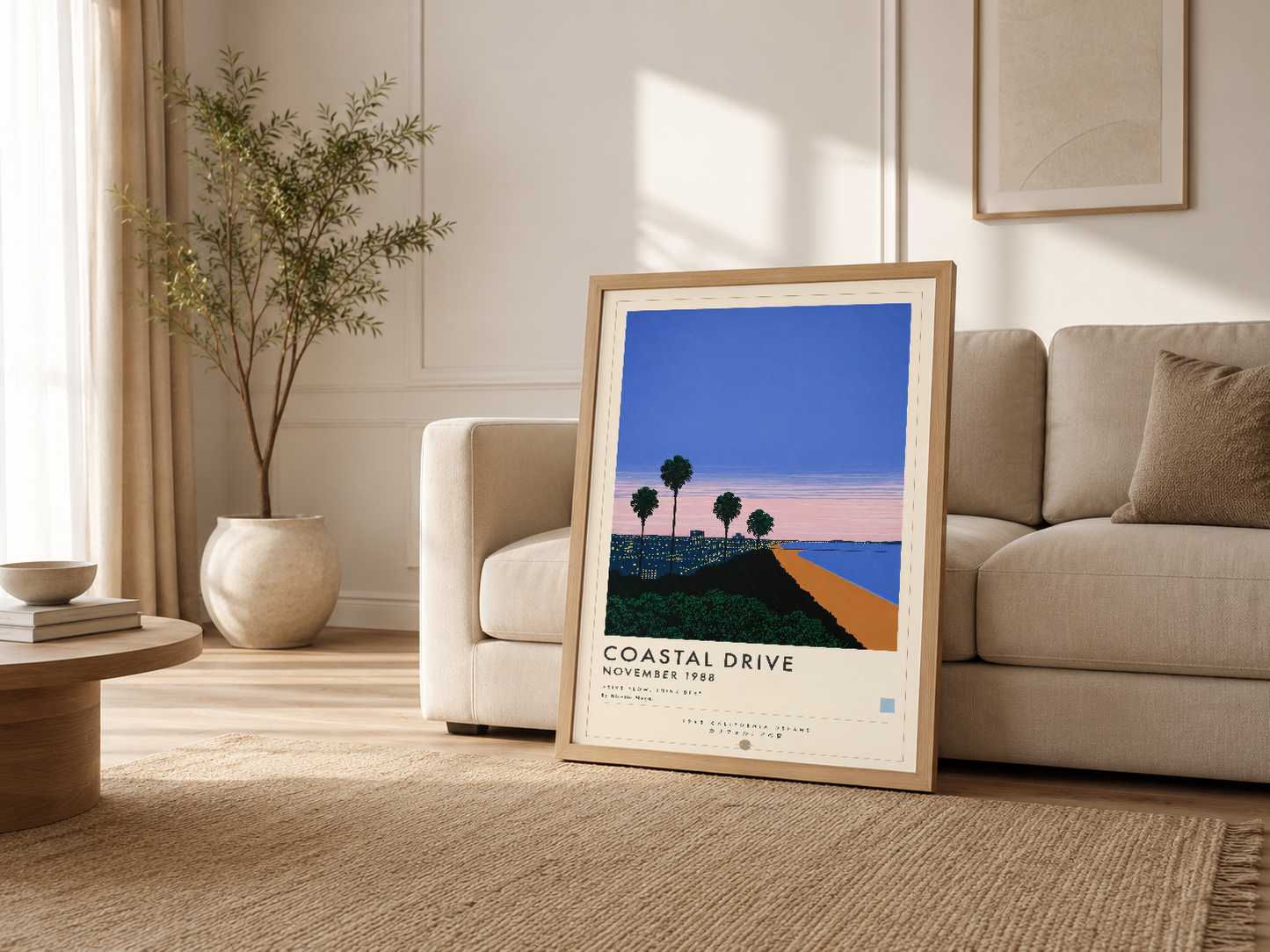 Krem rengi oturma odasında ahşap çerçeveli Coastal Drive posteri, minimalist ev dekoru için uyumlu sanat eseri.