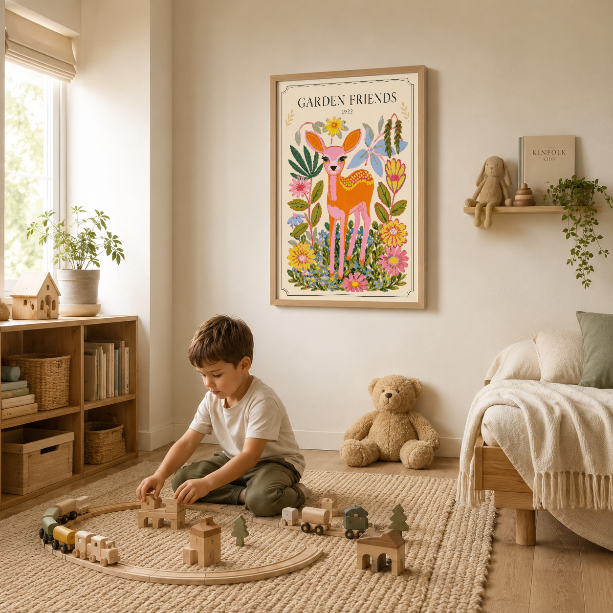 Oğlan çocuğunun yatak odasında ahşap çerçeveli Garden Friends posteri, doğal dekorasyon ve oyuncaklarla uygun alanda.