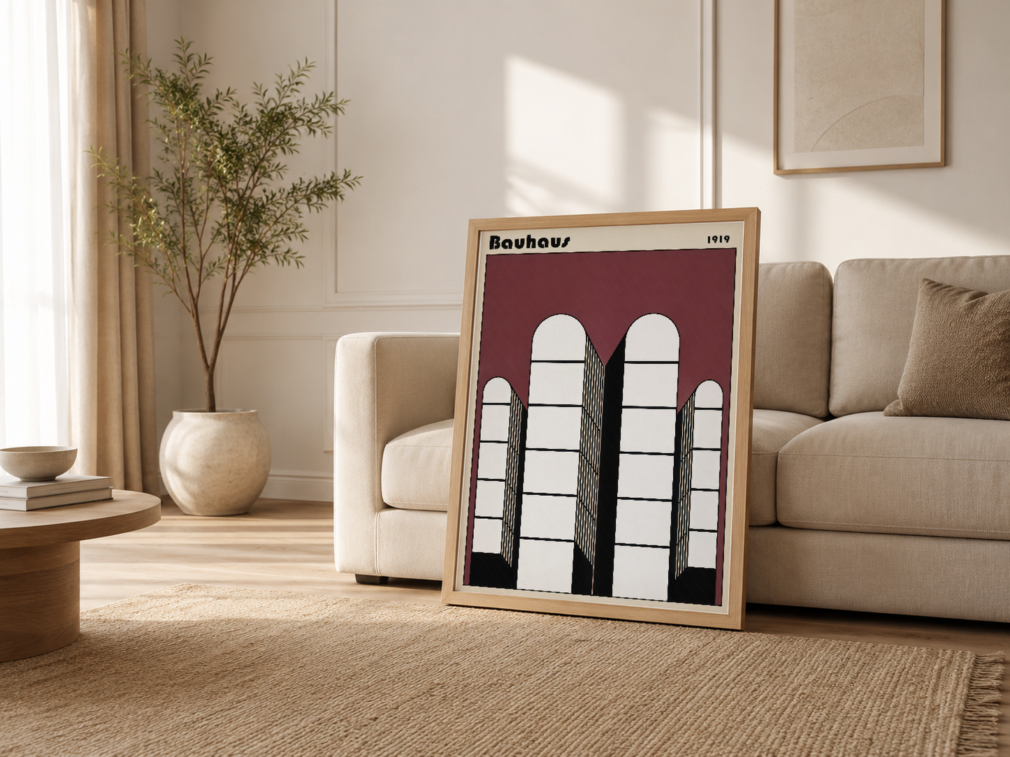 Ahşap çerçeveli Bauhaus tablosu, krem rengi oturma odasında kanepenin yanında yaşam alanını tamamlayan dekor.
