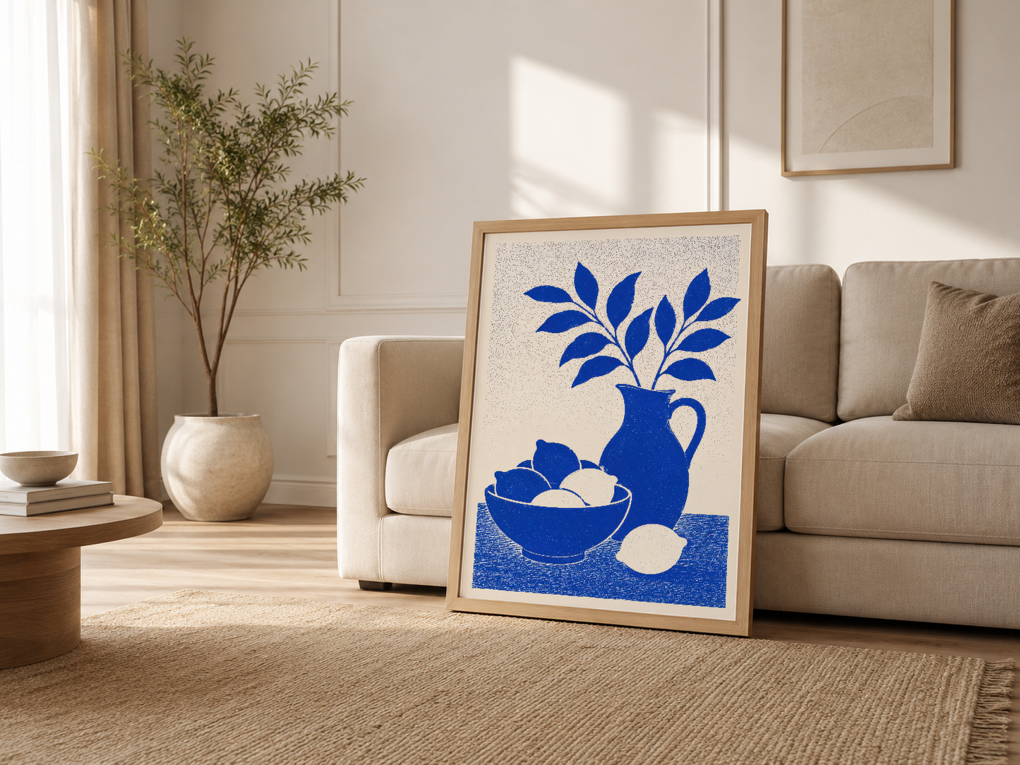 Krem renkli oturma odasında, kanepenin yanında duran minimalist mavi tablosu.