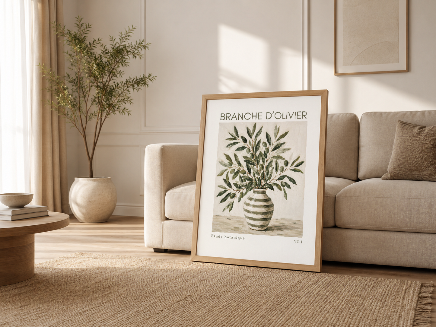 Oturma odasında, kanepenin yanında ahşap çerçeveli botanical art print sergileniyor.