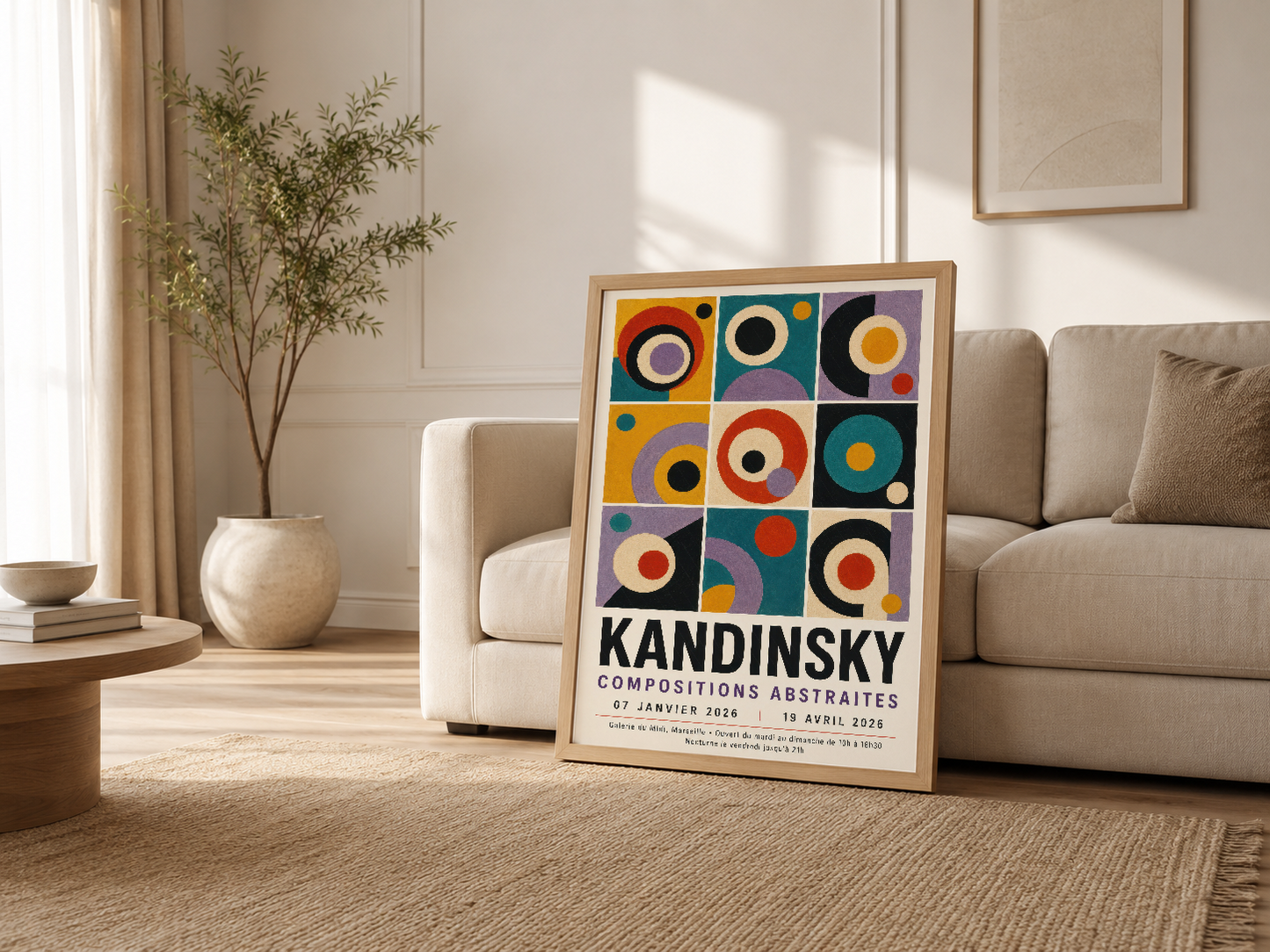 Krem kanepenin yanında ahşap çerçeveli Kandinsky tablosu, renkli soyut geometri tasarımı ile modern dekorasyon.