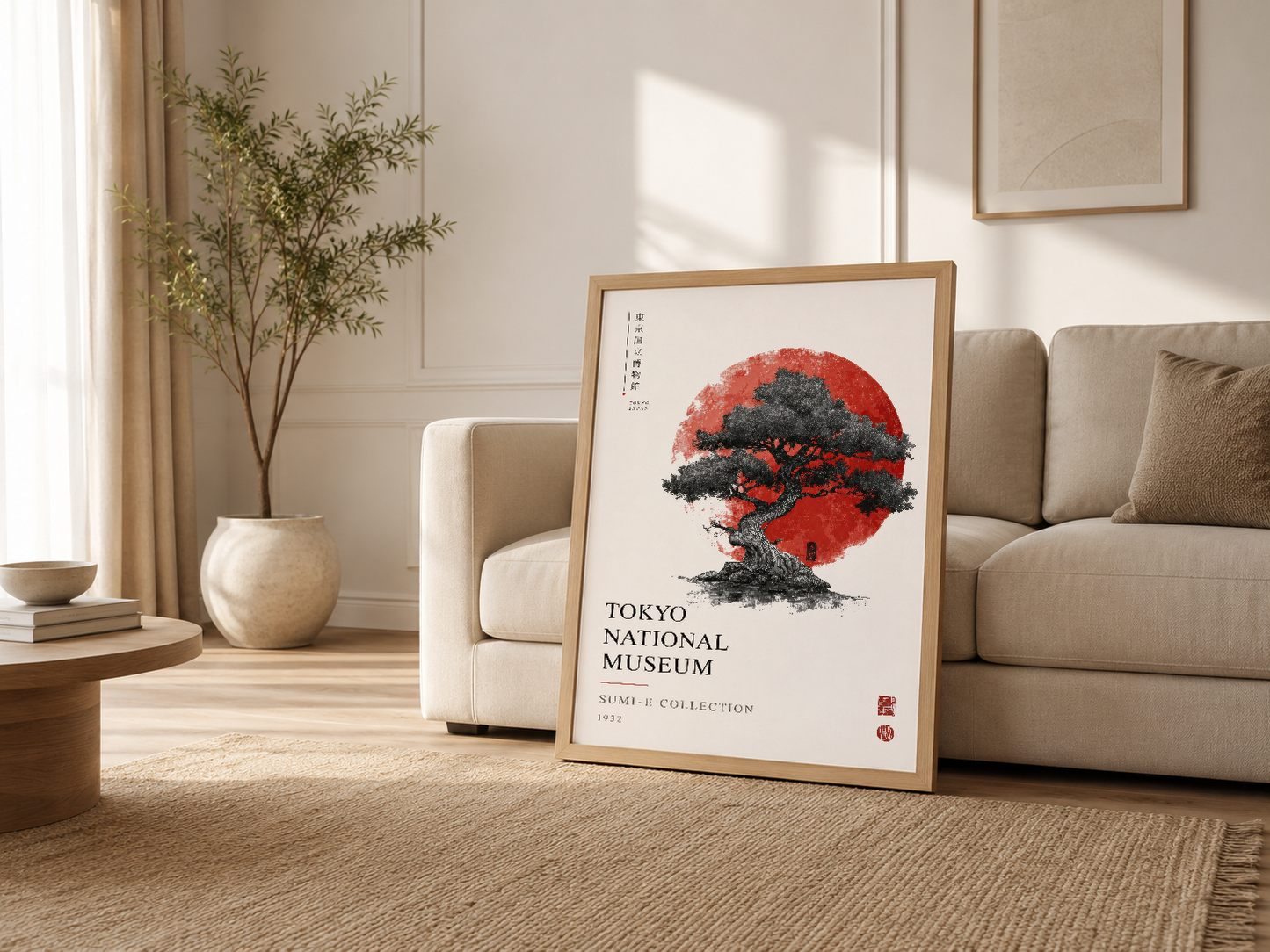 Ahşap çerçeveli bonsai tablosu, aydınlık oturma odasında kanepenin yanında, doğal dekorasyon tamamlayıcı olarak