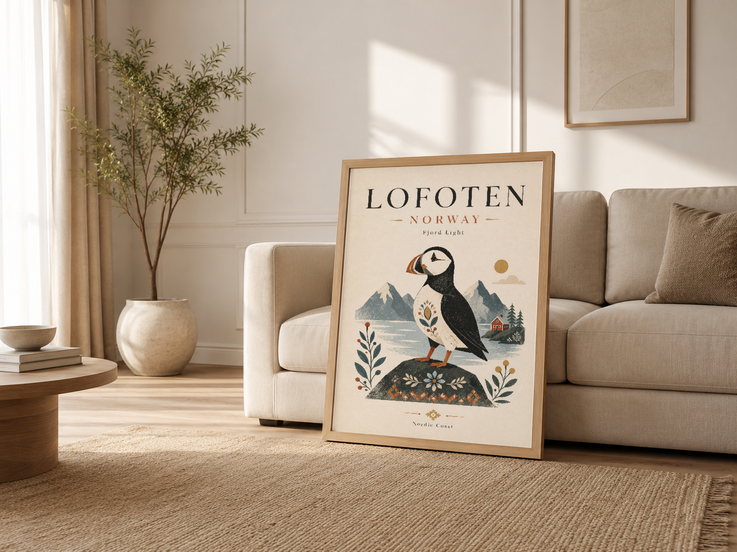 Modern oturma odasında, ahşap çerçeveli Lofoten posterinin kanepe yanında sergilenmesi.