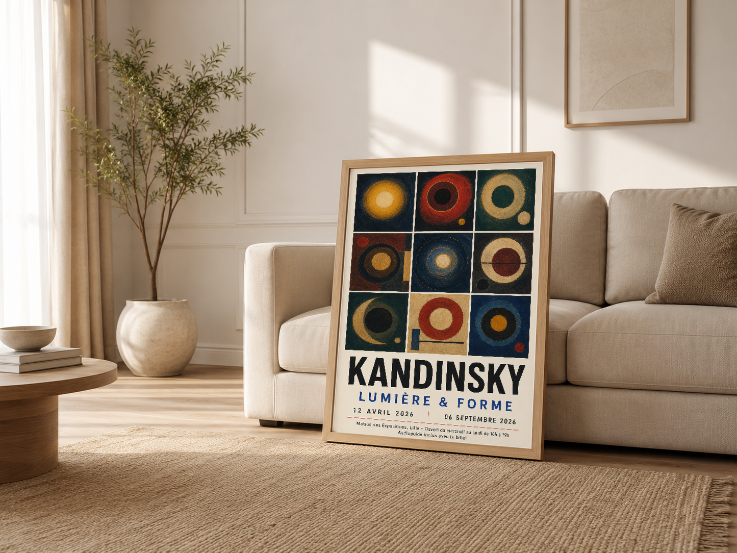 Modern oturma odasında, krem kanepenin yanında ahşap çerçeveli Kandinsky posteri rahat ve zarif dekorasyon yaratıyor.