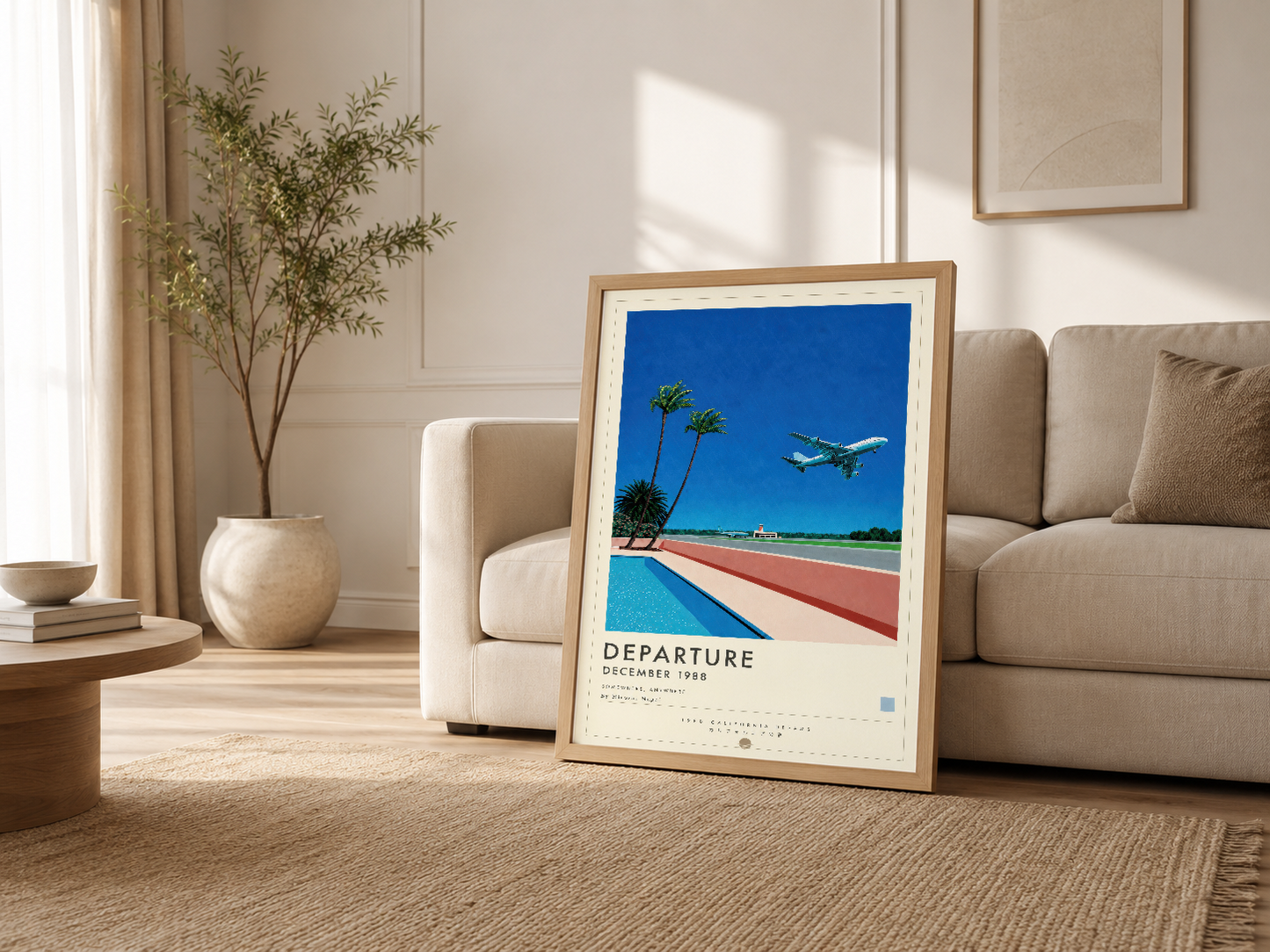 Krem rengi oturma odasında ahşap çerçeveli Departure posteri, kanepesi ve doğal ışık ile rahat bir atmosfer yaratıyor.