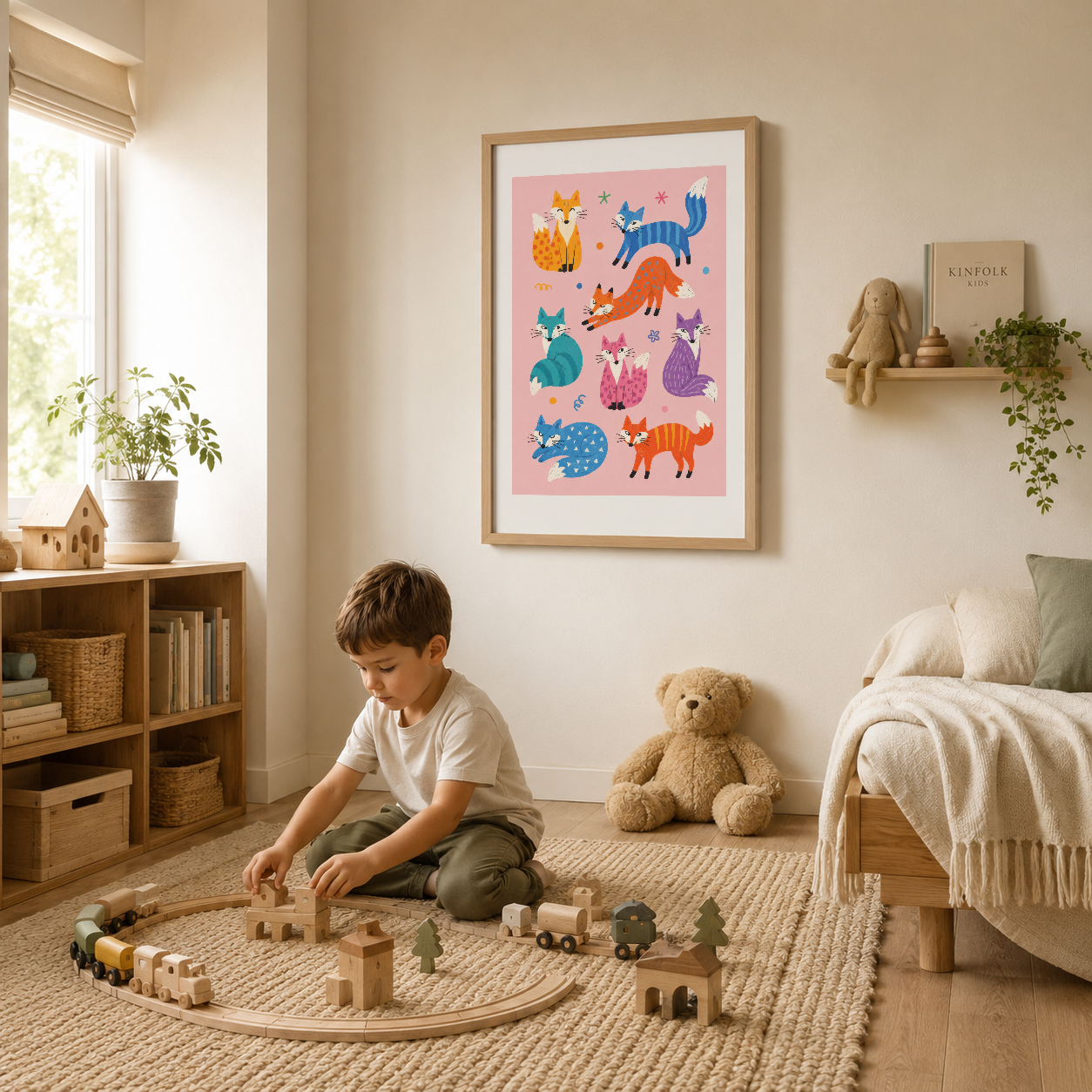 Çocuğun yaşadığı odanın duvarında asılı, neşeli hayvan figürleriyle bezenmiş sanat baskısı.