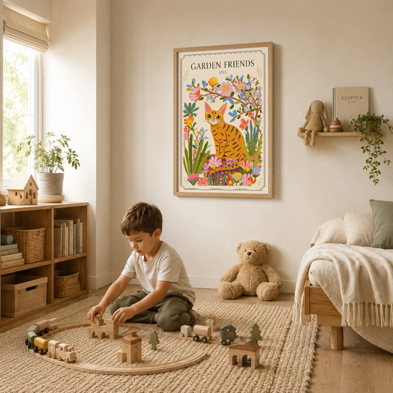 Modern yaşam alanında duvarın üstünde Garden Friends tablosu, oda dekorasyonunu renk ve neşeyle tamamlayan sanat eserler.
