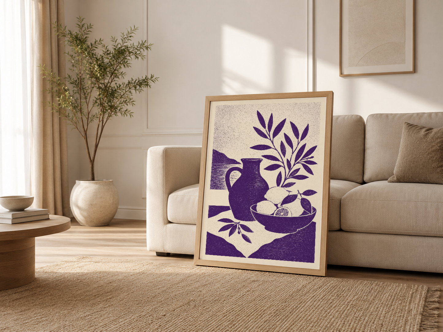 Krem rengi salon dekorasyonunda ahşap çerçeveli botanik sanat tablosu.
