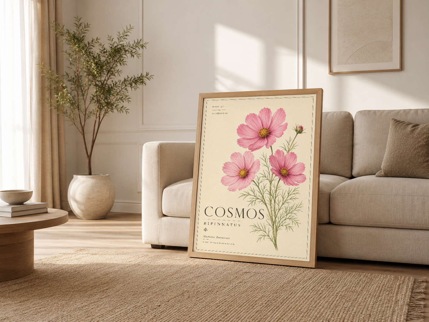 Cosmos tablosu ahşap çerçevede, nötr tonlu oturma odasında kanepe yanında sergileniyor