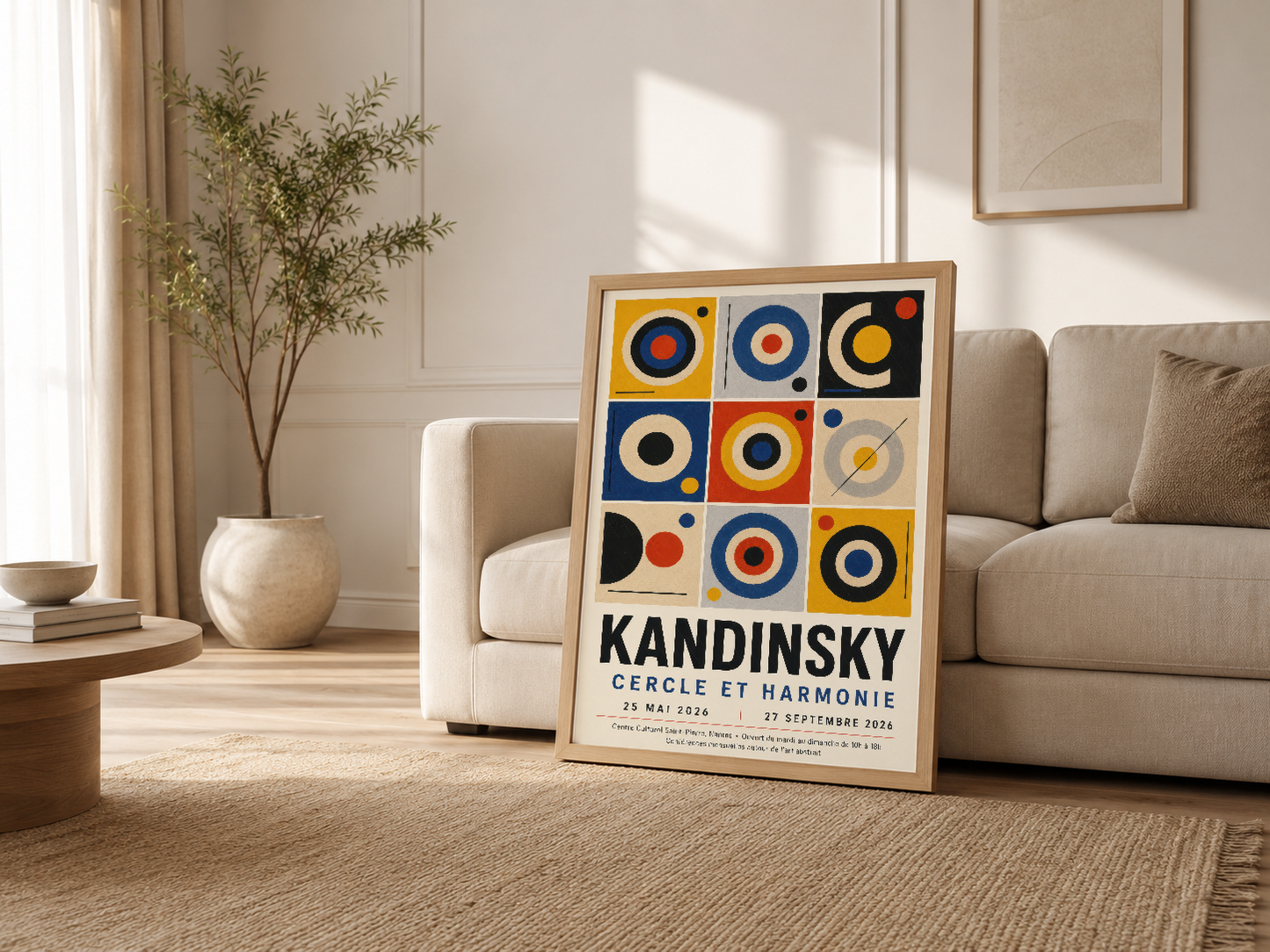Modern oturma odasında ahşap çerçeveli Kandinsky tablosu, koltuğun yanında sanatsal dekorasyon