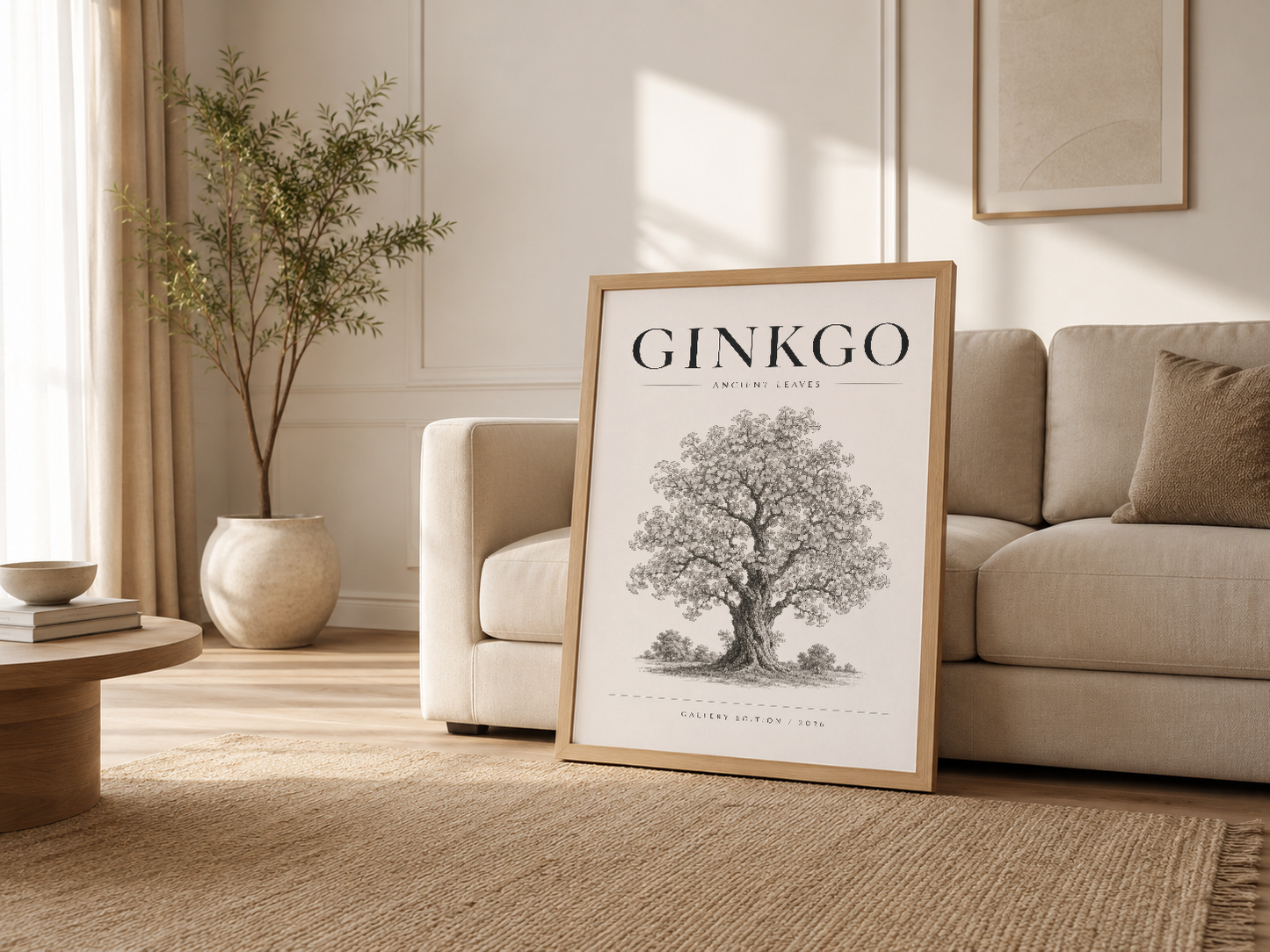Krem oturma odasında ahşap çerçeveli Ginkgo Ancient Leaves tablosu kanepede, doğal ışık altında sakin atmosfer.