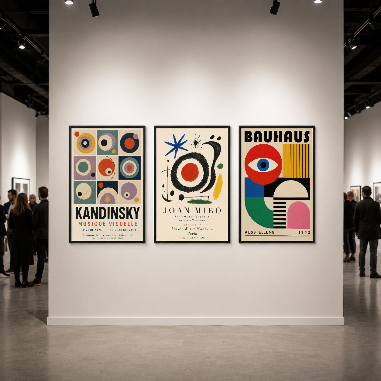 Galeride sergilenen, siyah çerçeveli klasik sanat posterlerinin görkemli duvar sunumu.