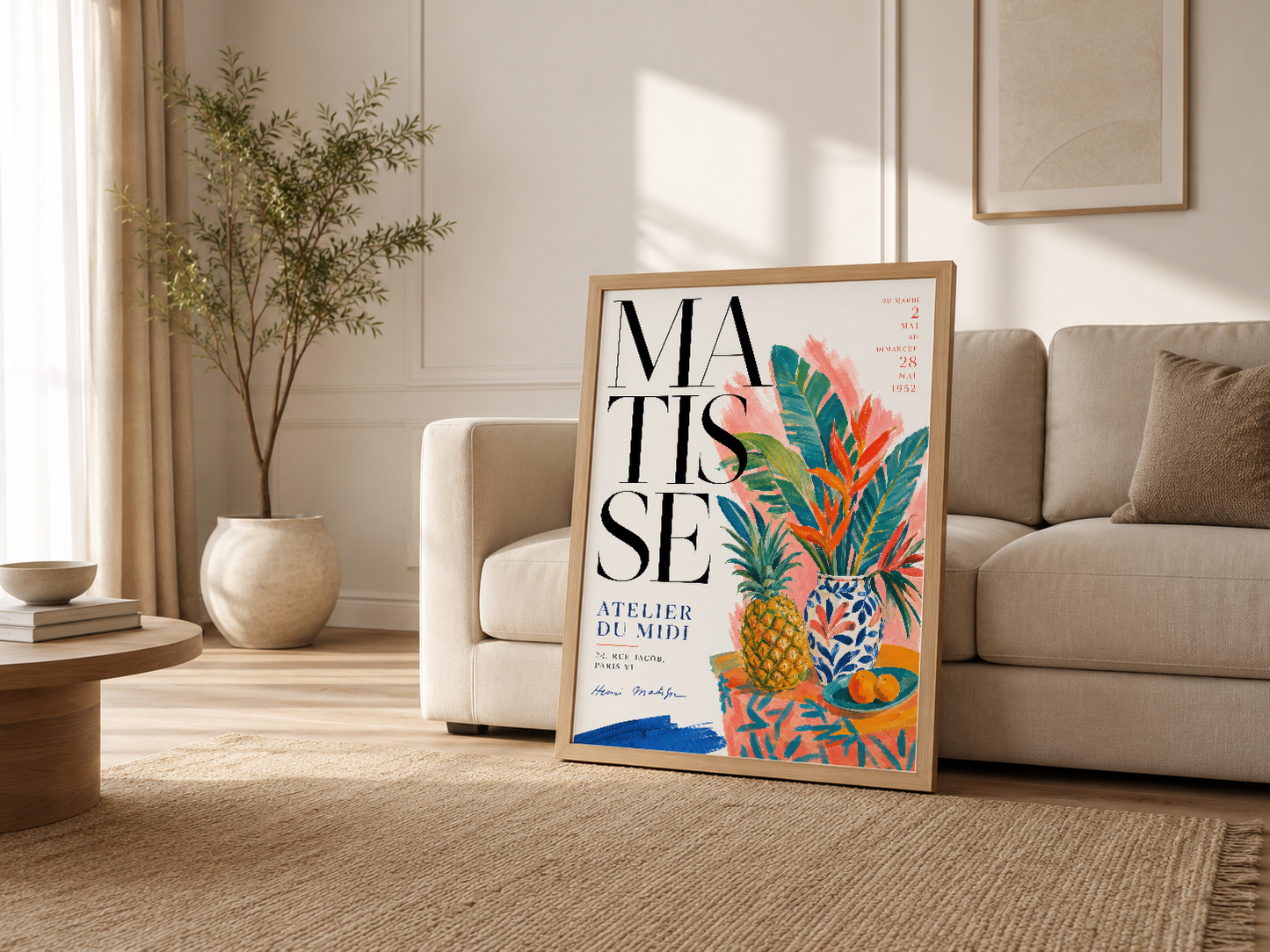 Krem oturma odasında ahşap çerçeli tablo, Matisse sergisi posteri, modern sanat deco stilinde sergileniyor.