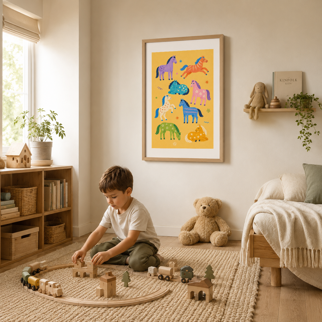Çocuk yatak odasında ahşap çerçeveyle sergilenen renkli atlar sanat tablosu, oyuncaklarla tamamlanan ortam.