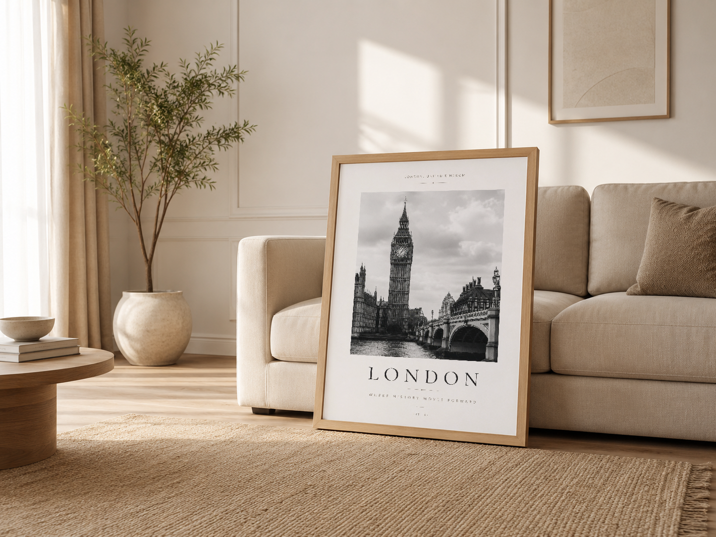 Krem tonlu modern oturma odasında, ahşap çerçeveli London tablosu kanepenin yanında destekleniyor.