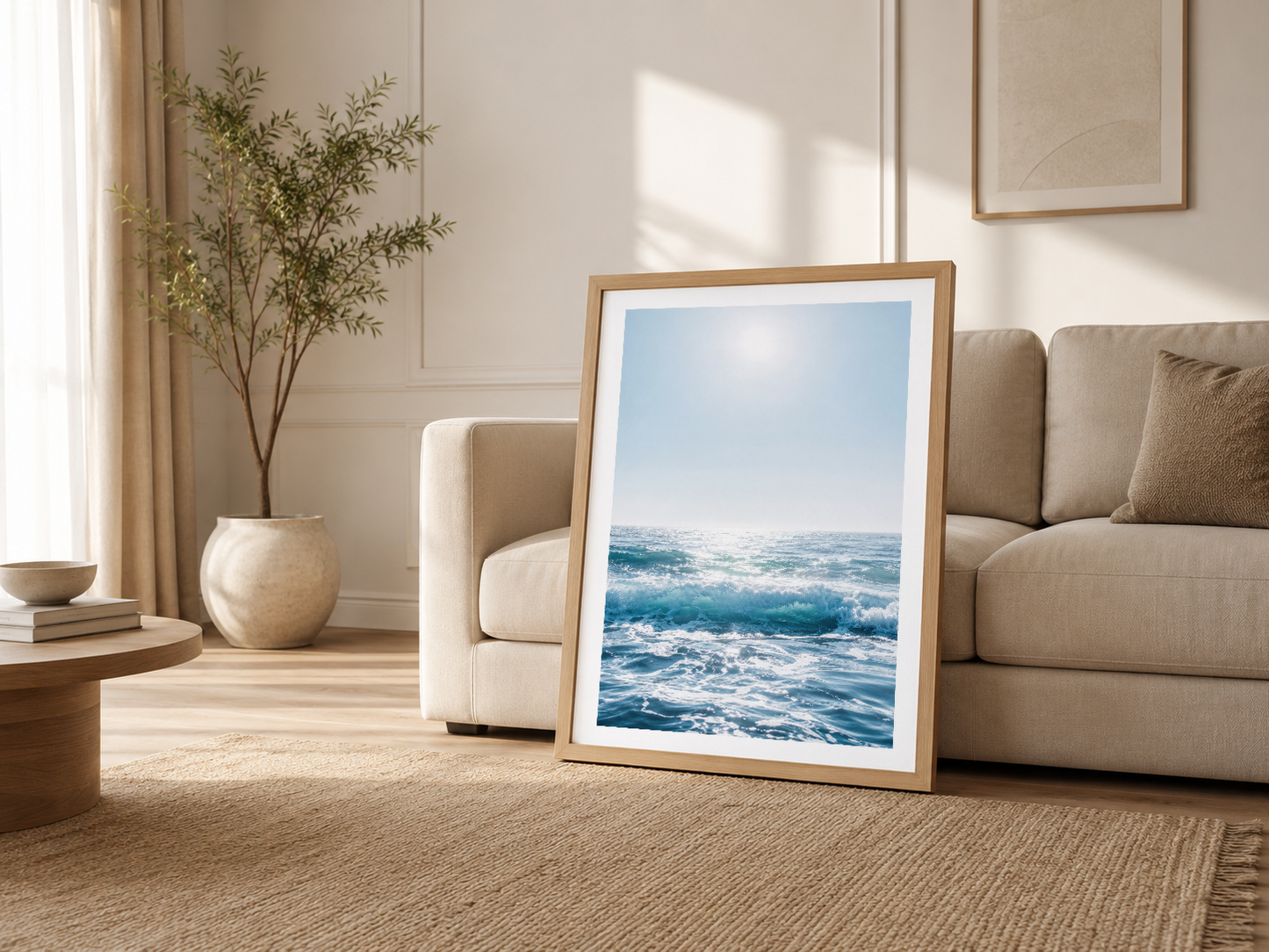 Ahşap çerçeveli deniz tablosu, modern oturma odasında krem sofa yanında yaşam alanına yerleştirilmiş.