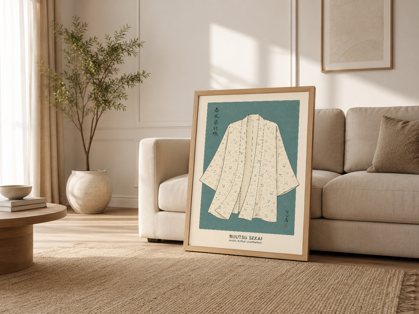Ahşap çerçeveli kumaş tasarım posteri, krem kanepenin yanında, Japonisme dekorasyonu.