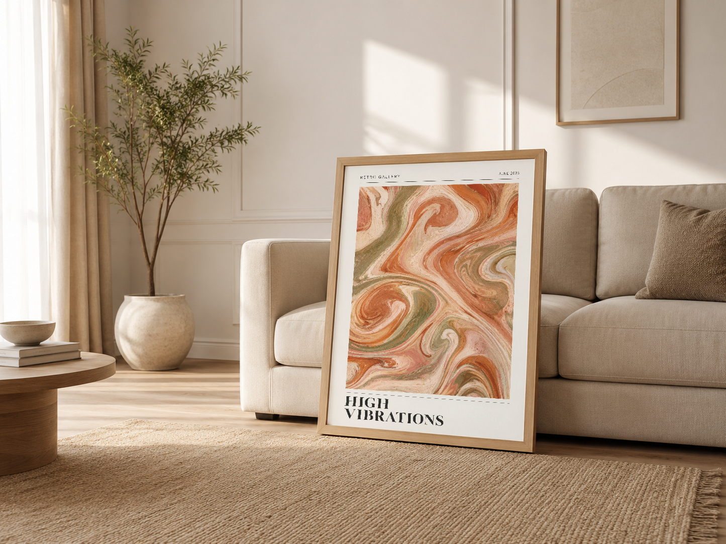 Parlak ahşap çerçevede terrakota mermer deseni, modern oturma odasının kanepe yanında şıklıkla sergilenen sanat tablosu.