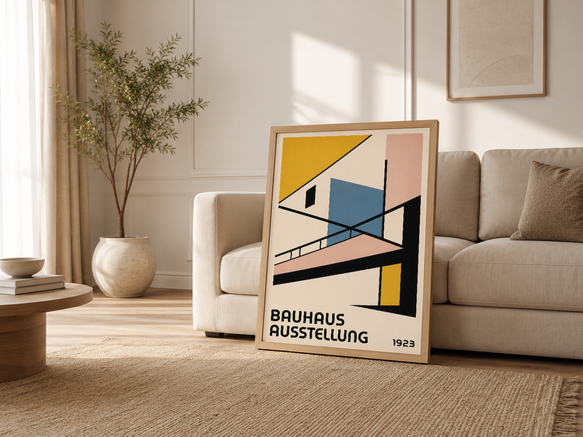 Skandinav tarzı modern oturma odasında, kanepenin yanında ahşap çerçeveli Bauhaus Ausstellung sanat eseri.