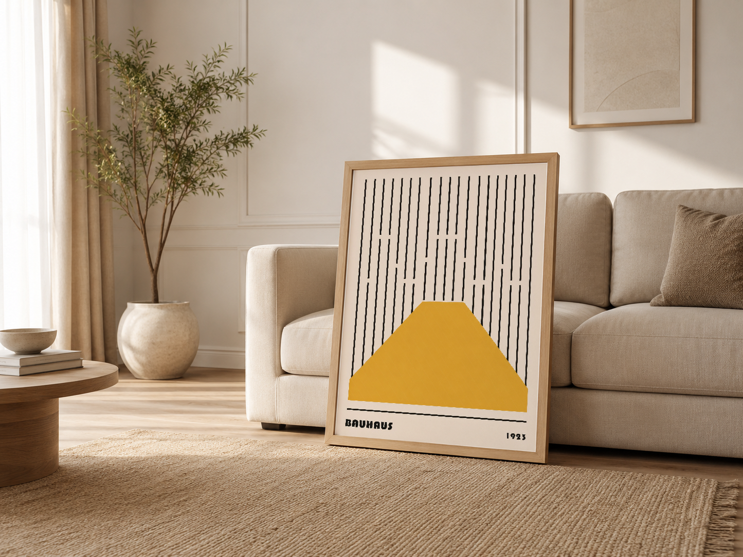 Çağdaş oturma odasında ahşap çerçeveli Bauhaus posteri, sarı tepe ve geometrik çizgilerle minimalist dekor.