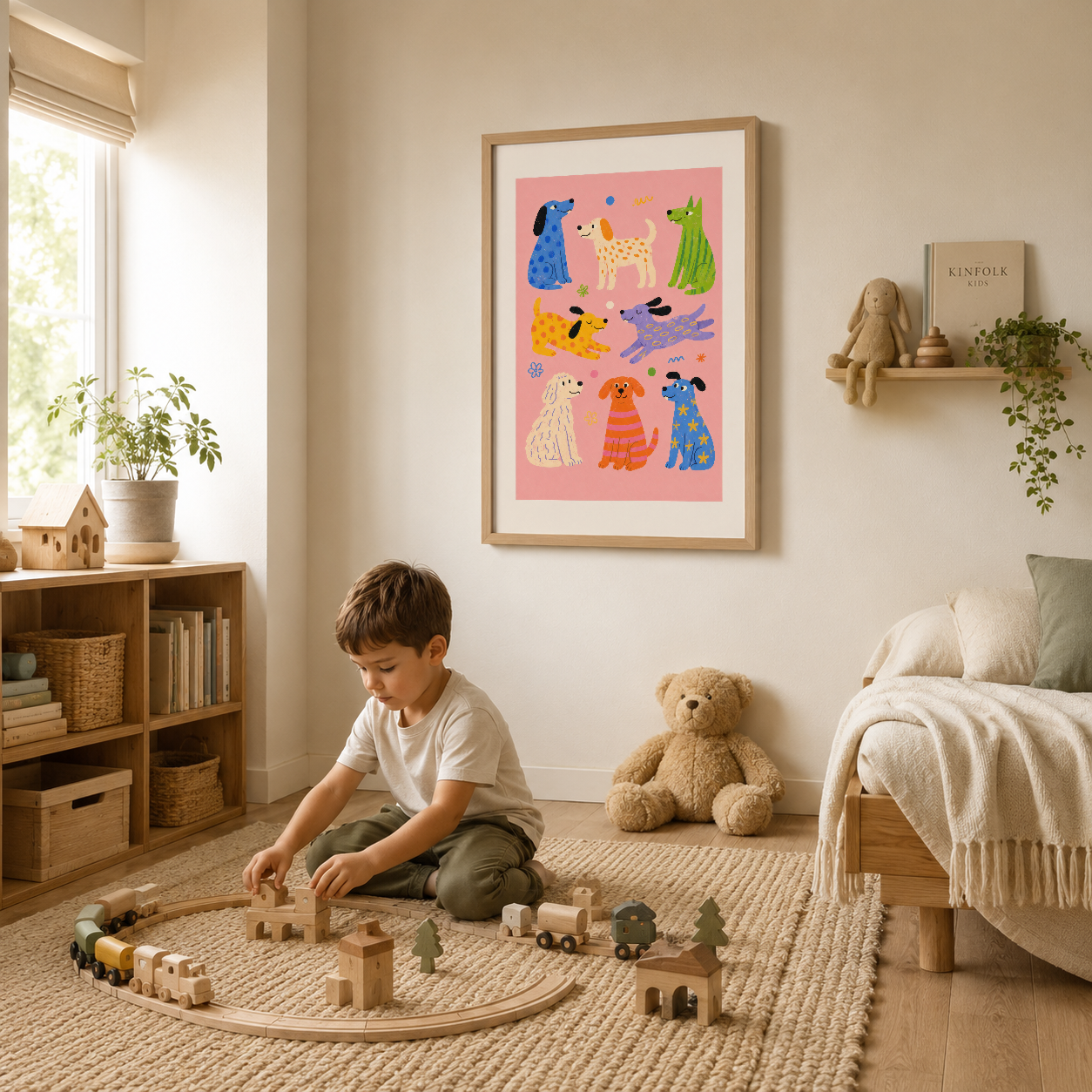 Çocuk yatak odasında ahşap çerçeveli, canlı renkli hayvan deseni ile dekoratif sanat tablosu.