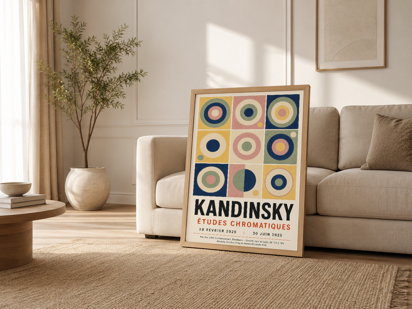 Modern oturma odasında krem rengi kanepenin yanında, ahşap çerçeveli Kandinsky tablosu konumlandırılmış.