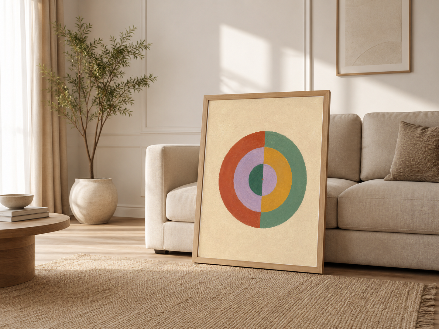 Nötr renkli oturma odasında ahşap çerçeveli poster, retro renk kombinasyonlu daire sanat çalışması.