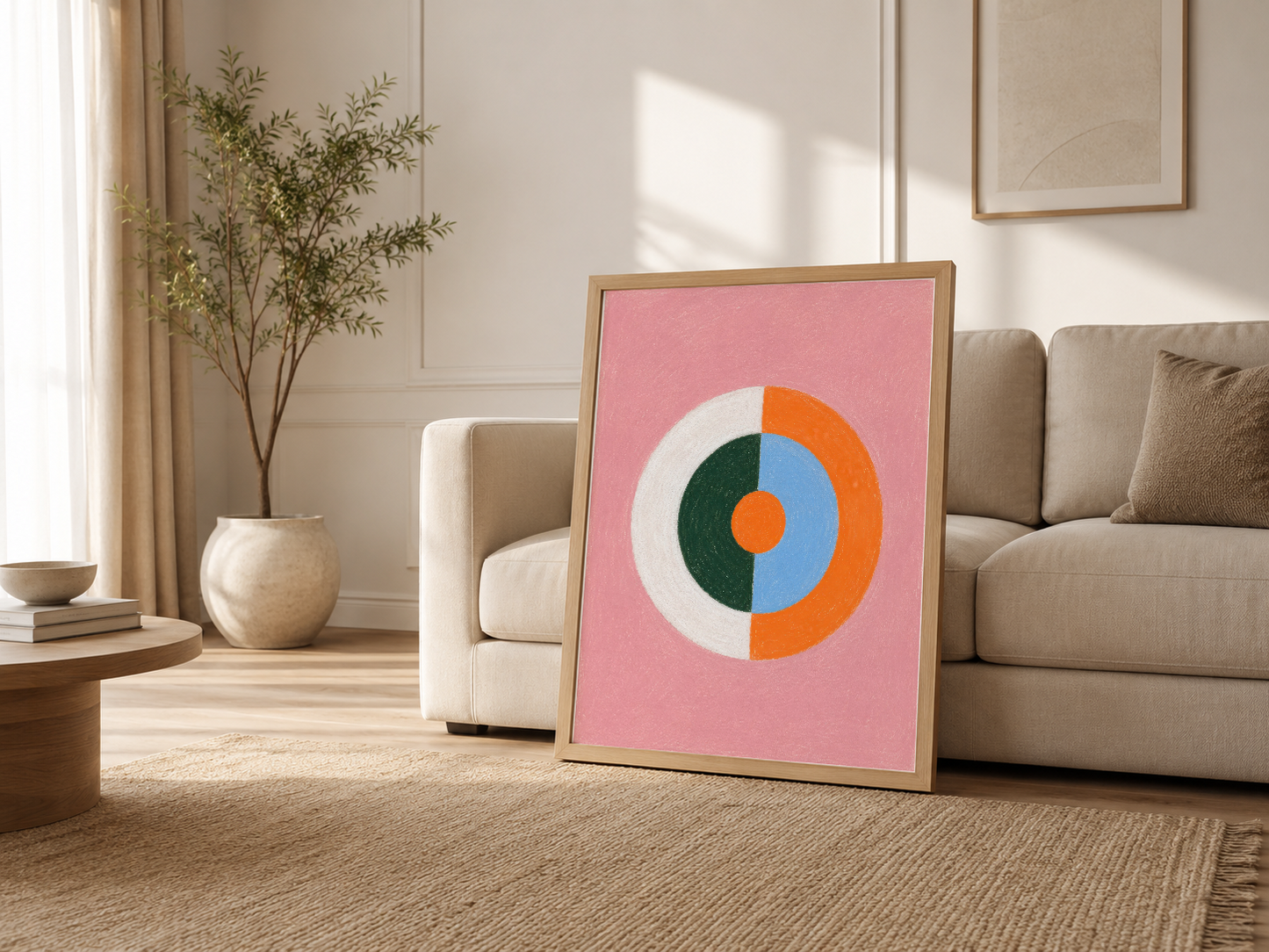 Scandinavian tarzı oturma odasında ahşap çerçeveli poster, canlı geometrik daire motifi ile mekan vurgusu