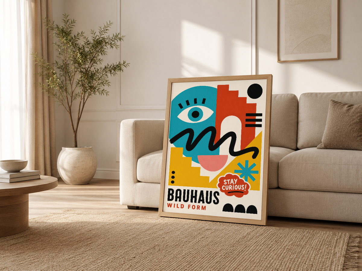 Salon dekorasyonunda ahşap çerçeveli Bauhaus Wild Form posteri, beige kanape yanında modern yaşam alanını canlandıran tablo.