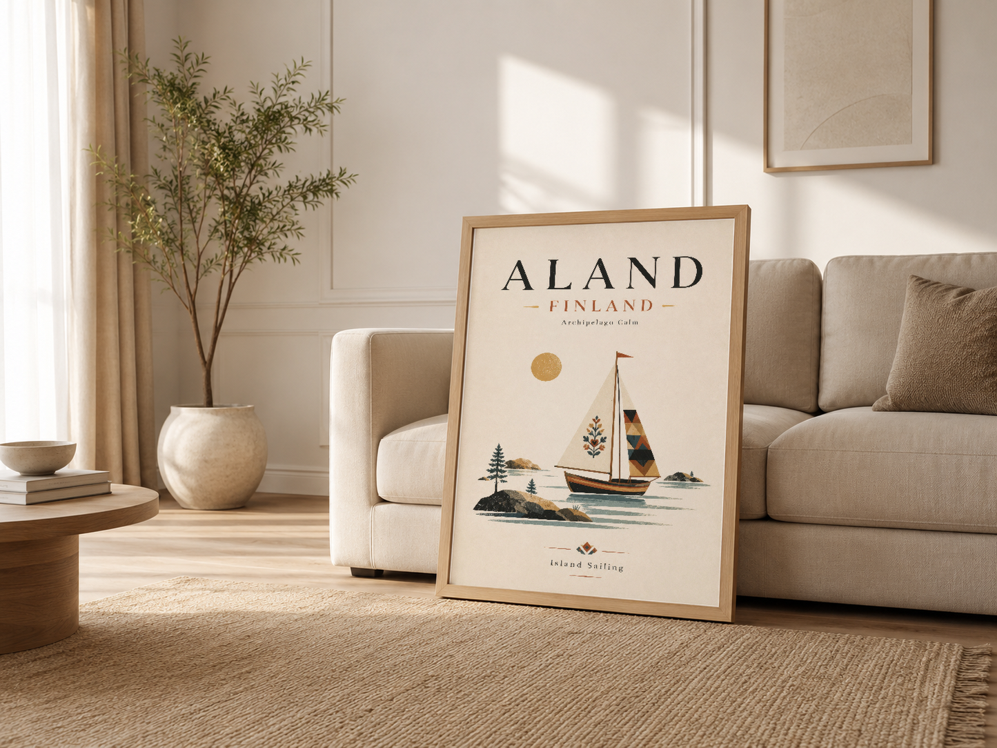 Skandinav oturma odasında Åland Finlandiya tablosu, krem çerçeve içinde sahil konsepti.