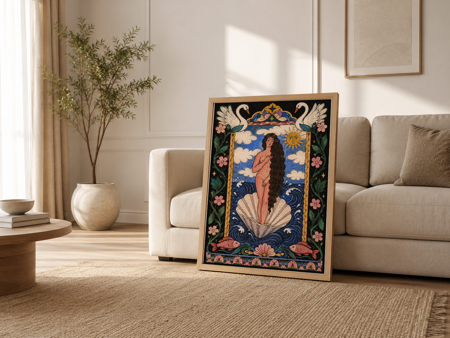 Pastel oturma odasında, ahşap çerçeveli venüs temalı dekoratif tablonun şık sunuşu.
