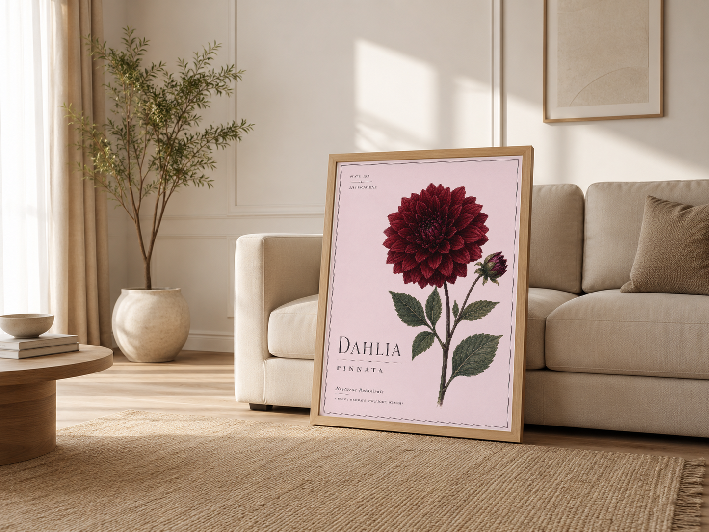 Oturma odasında ahşap çerçeveli Dahlia Pinnata tablosu, nötr mobilya ve aydınlık ortamla uyumlu.