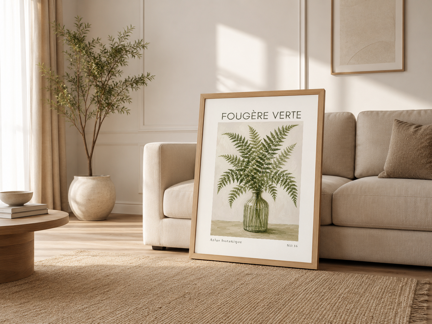 Kream rengi kanepe yanında ahşap çerçeveli Fougère Verte posteri, sakin ve modern yaşam alanında doğal güzellik sunuyor.