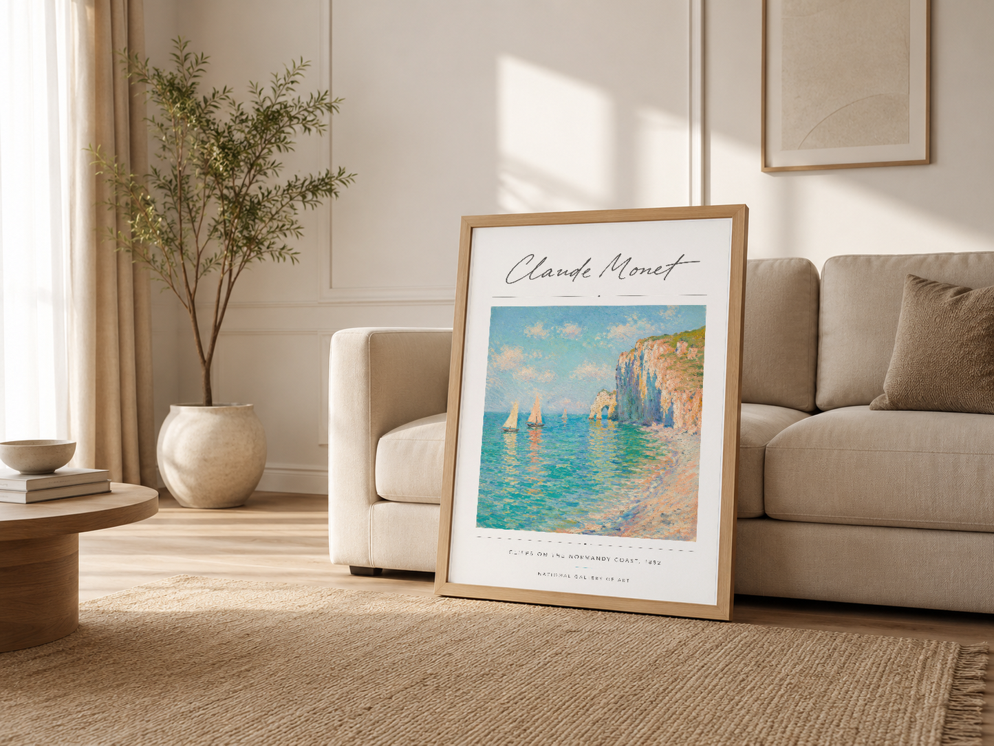 Monet posteri, modern oturma odasının kanepenin yanında rahat ve sanatsal atmosfer.