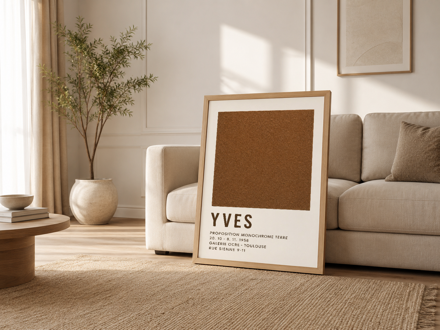 Modern oturma odasında ahşap çerçeveli Yves Klein posteri, kanepenin yanında minimalist iç dekorasyon ortamında.