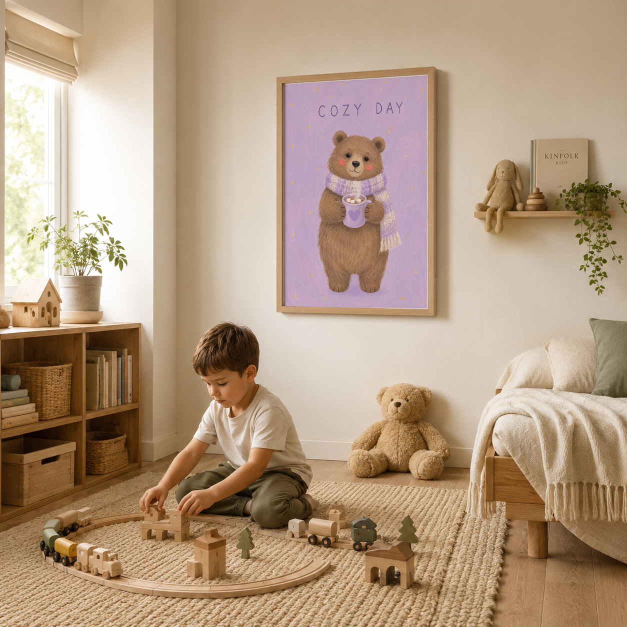 Çocuk yatak odası duvarında ahşap çerçeleyle sergilenen, pembe fonda atkılı ayı Cozy Day tablosu.