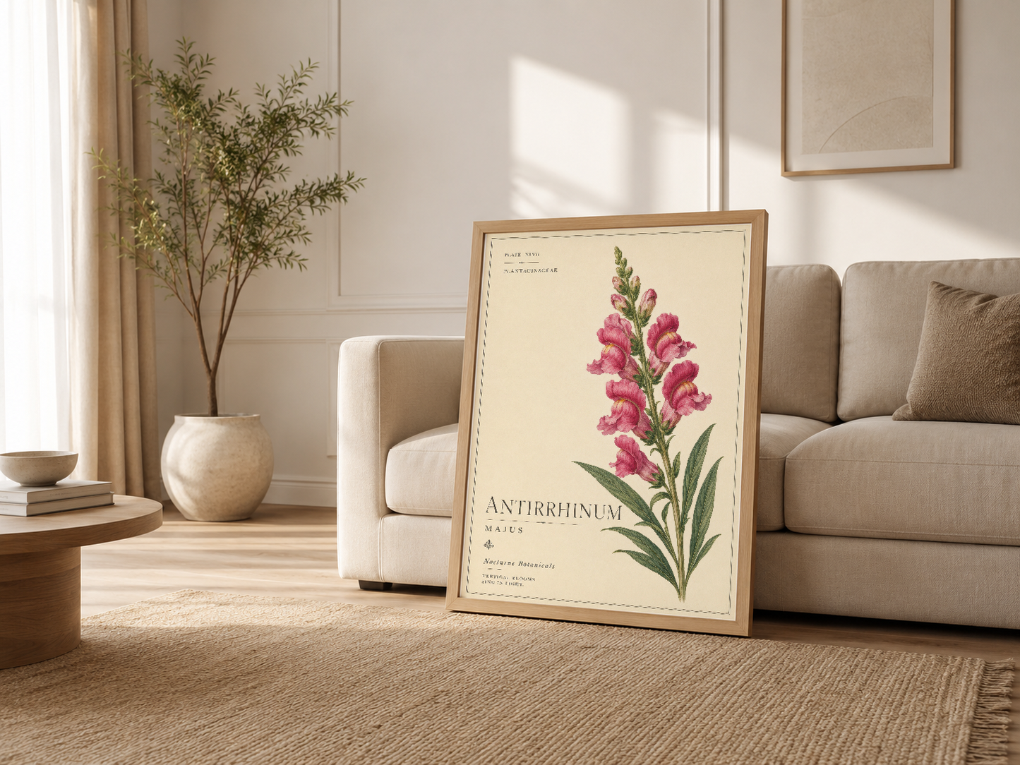 Krem renkli oturma odasında kanepenin yanında, ahşap çerçeveli antirrhinum majus tablosu yer alıyor.