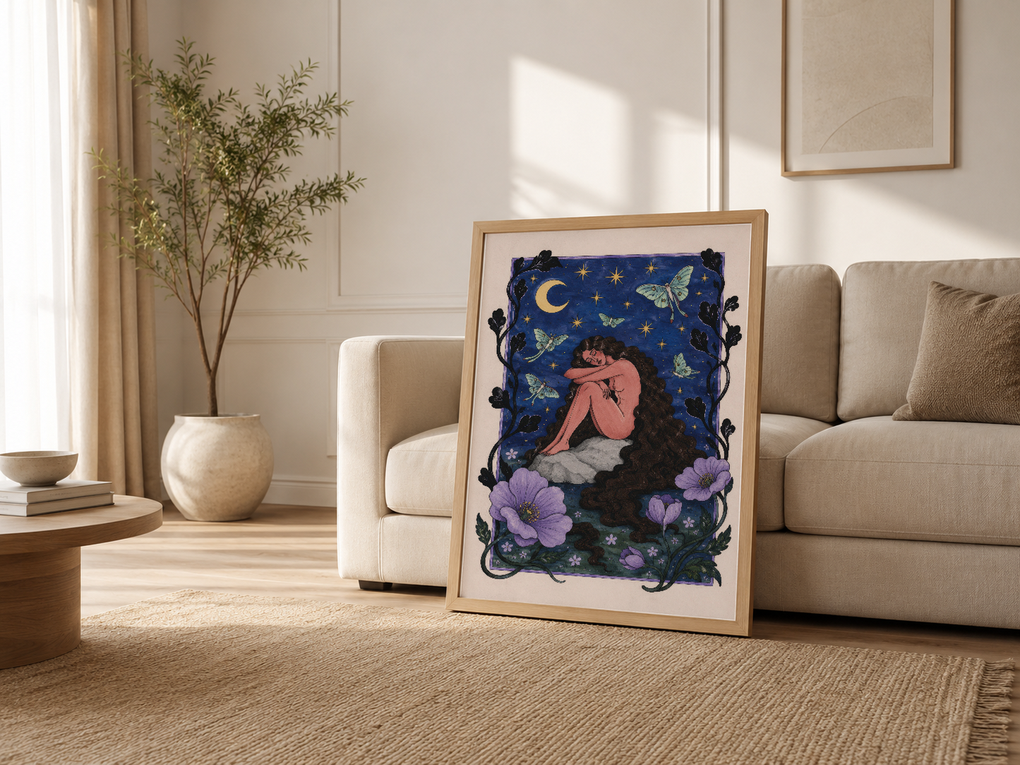 Açık oturma odasında kanepe yanında ahşap çerçeveli, ay ve çiçekleri temaslı sanatsal poster.