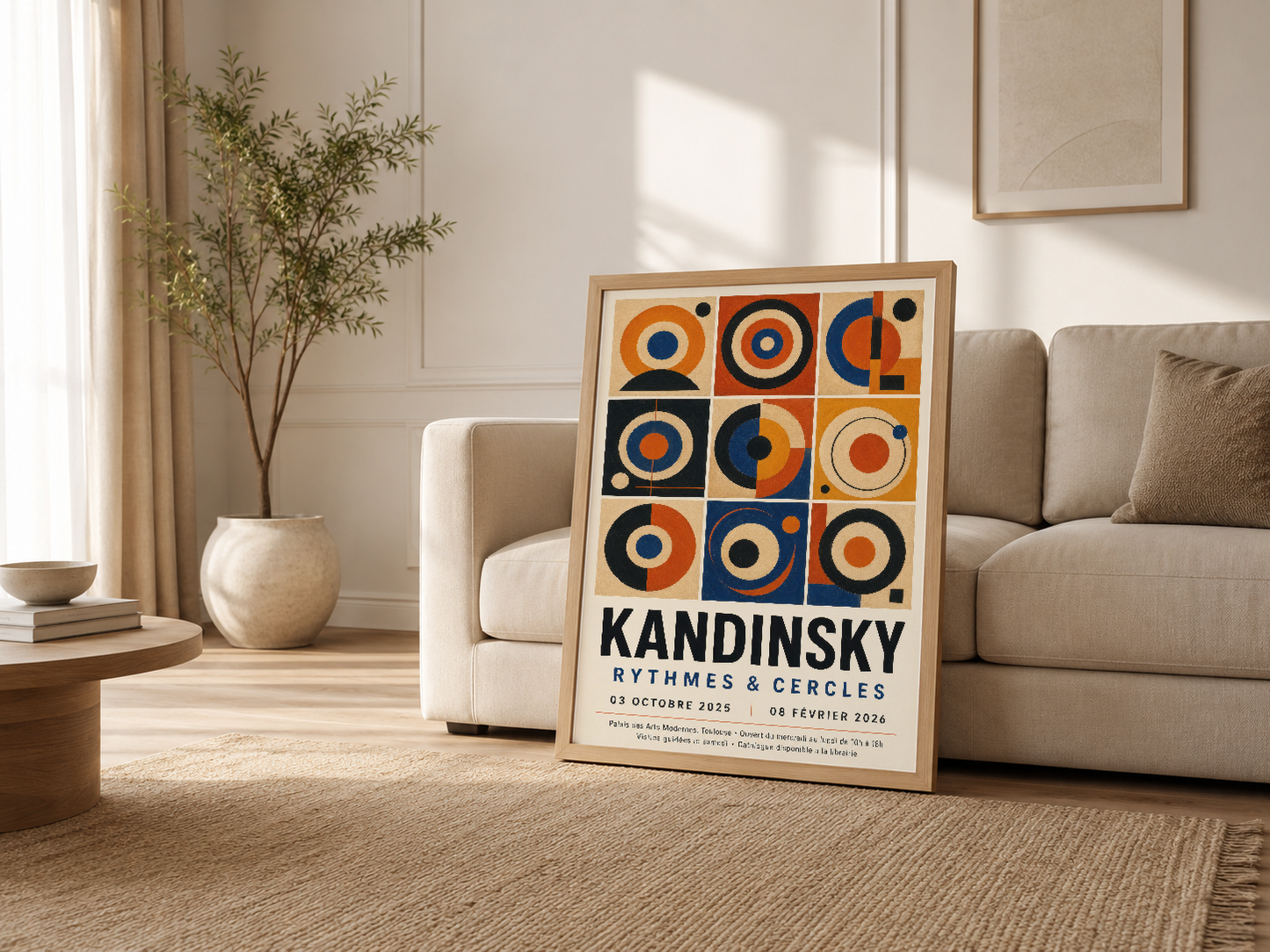 Oturma odasında kanepenin yanında ahşap çerçeveli Kandinsky baskısı, geometrik ritmlerle mekan dekorasyonunu zenginleştirir.