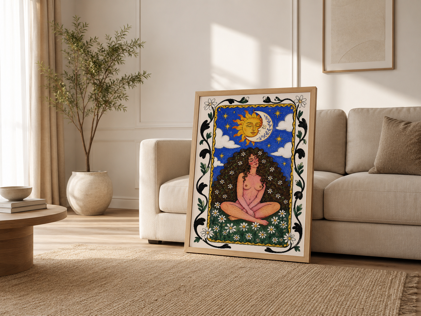 Krem renkli oturma odasında, ahşap çerçeveli boho sanat tablosu, kanepenin yanında sergileniyor.