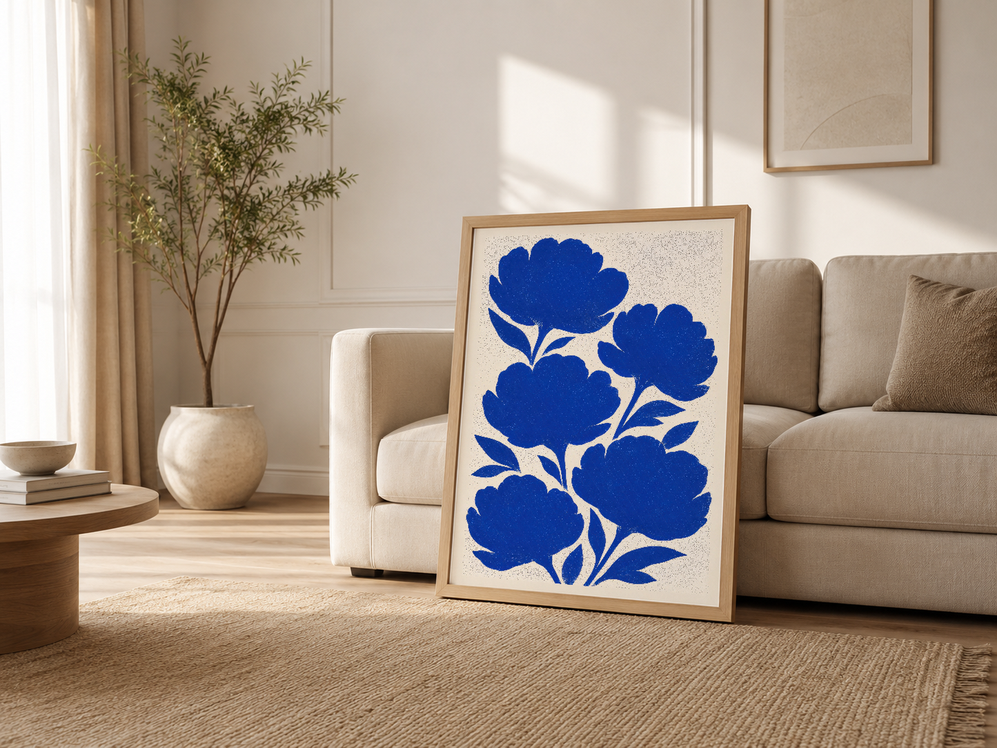Açık renkli oturma odasında, ahşap çerçelideki koyu mavi çiçek tablosu minimalist dekorasyon aksentı.