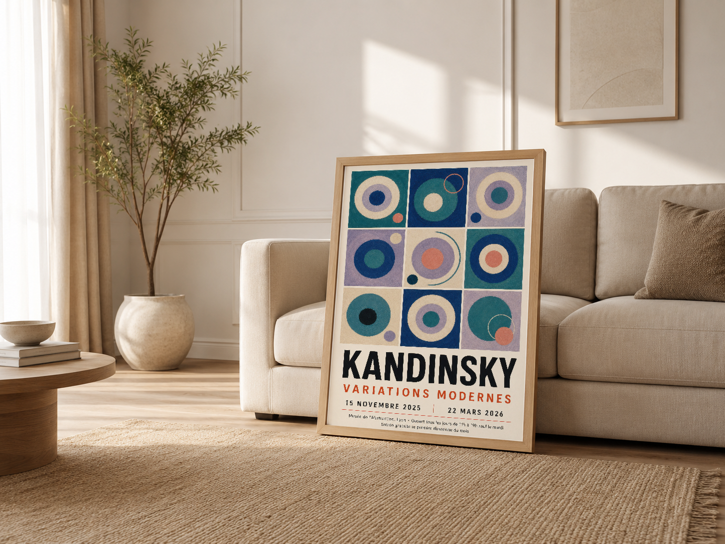 Krem renkli oturma odasında ahşap çerçeveli Kandinsky tablosu, kanepenin yanında yumuşak güneş ışığıyla sanat ve rahatlığı