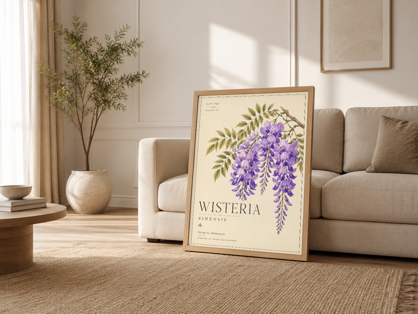 Açık oturma odasında ahşap çerçeveli Wisteria poster, doğal ışık altında sakin ve sofistike bir dekor aksentuası oluşturuyor.