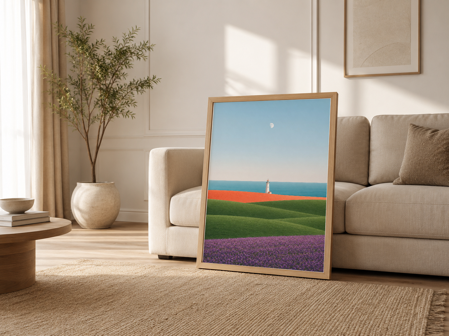 Krem tonlarında oturma odasında, ahşap çerçeveli minimalist lighthouse tablosu dekorasyon