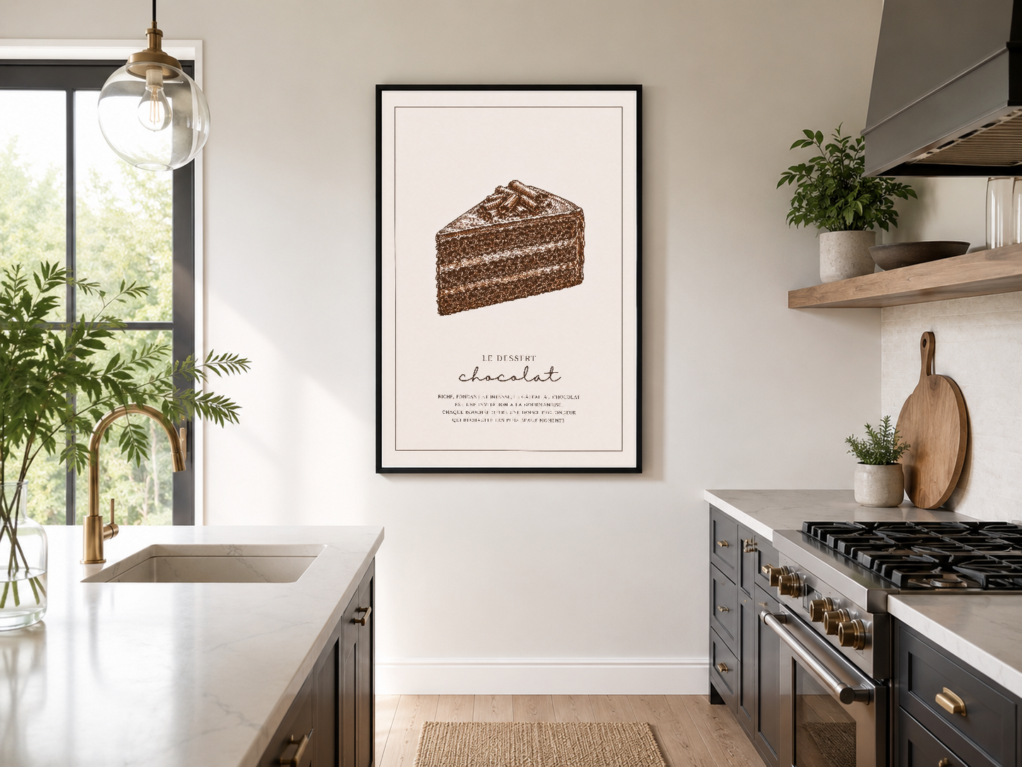 Modern mutfakta siyah çerçeveli çikolatalı pasta posteri, minimalist duvar sanatı uygulaması.