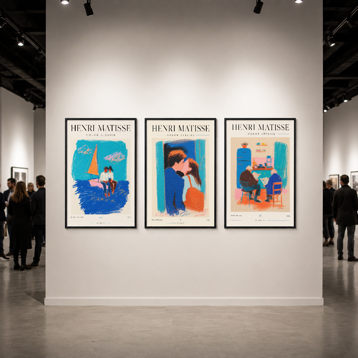 Modern galeri duvarında Henri Matisse Color Atelier üç parçalı siyah çerçeveli tablo sergileniş örneği.