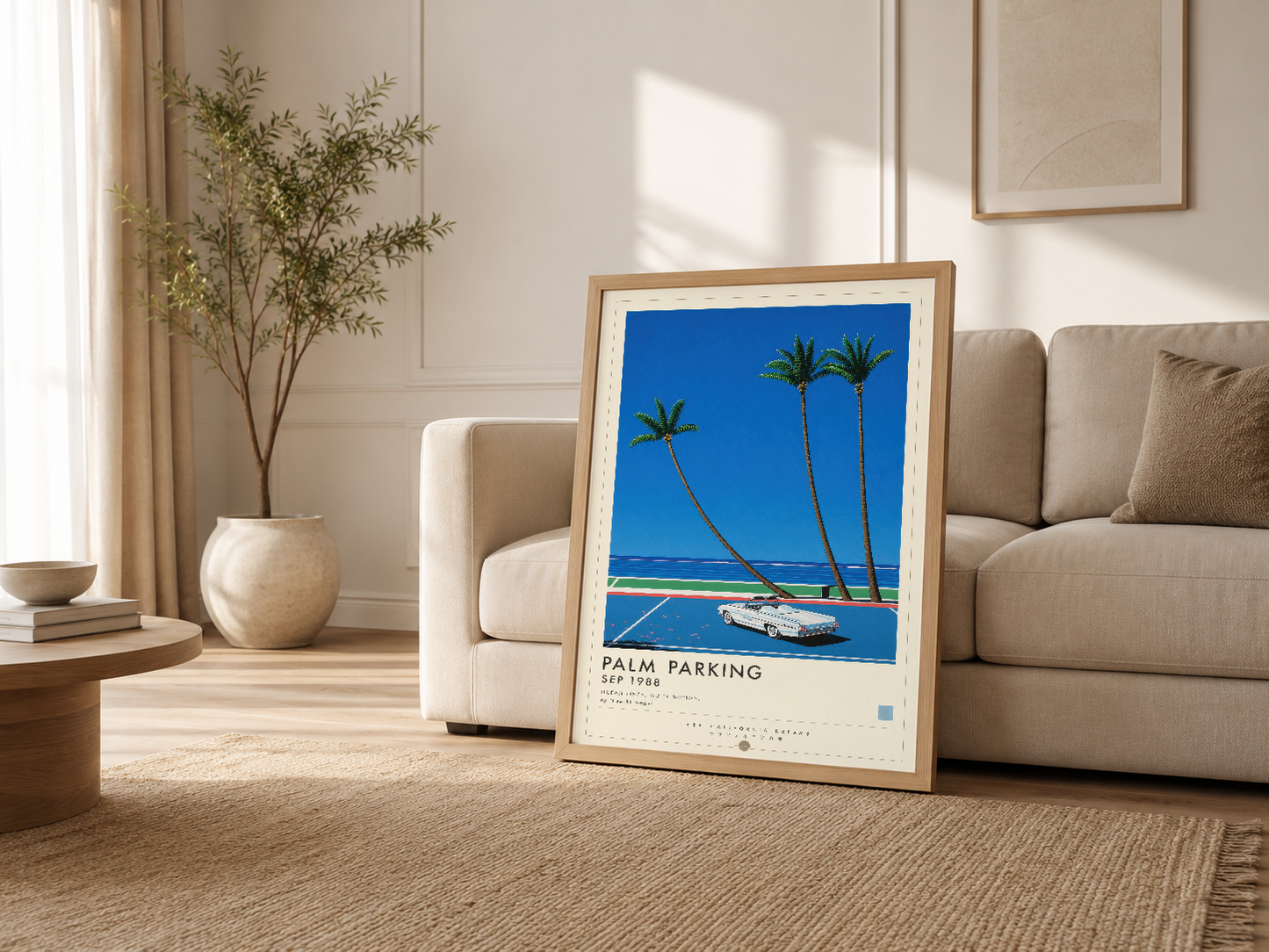 Minimalist oturma odasında, ahşap çerçeveli Palm Parking posterin kanepe yanında sergilenmesi.